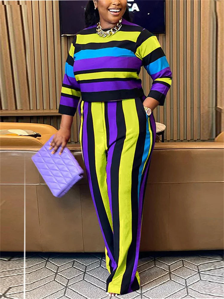 Wmstar Plus Size Two Piece Women Clothing Long Sleeve Crop Top and Pants Sets Striped Matching Set Wholesale Dropshopping 2023