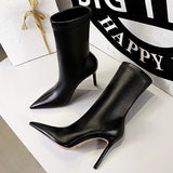 Women 7.5cm 10cm High Heels Leather Boots Lady Low Heels Short Ankle Boots Stripper Winter Warm Snow Plush Pointed Toe Shoes