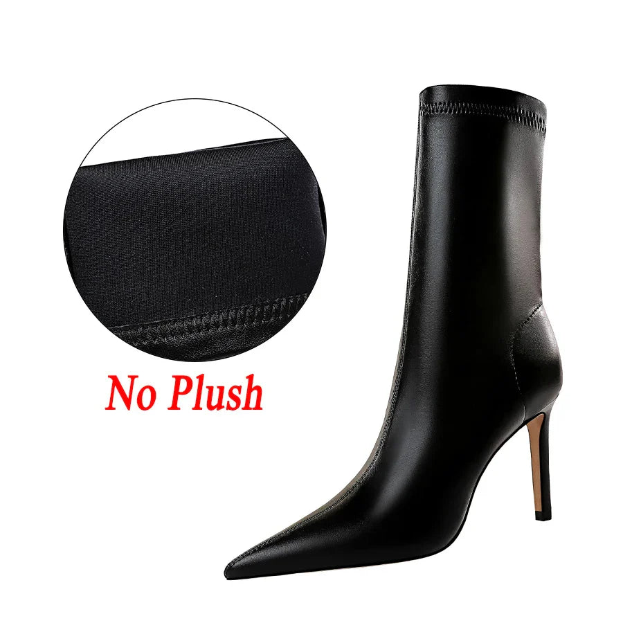 Women 7.5cm 10cm High Heels Leather Boots Lady Low Heels Short Ankle Boots Stripper Winter Warm Snow Plush Pointed Toe Shoes