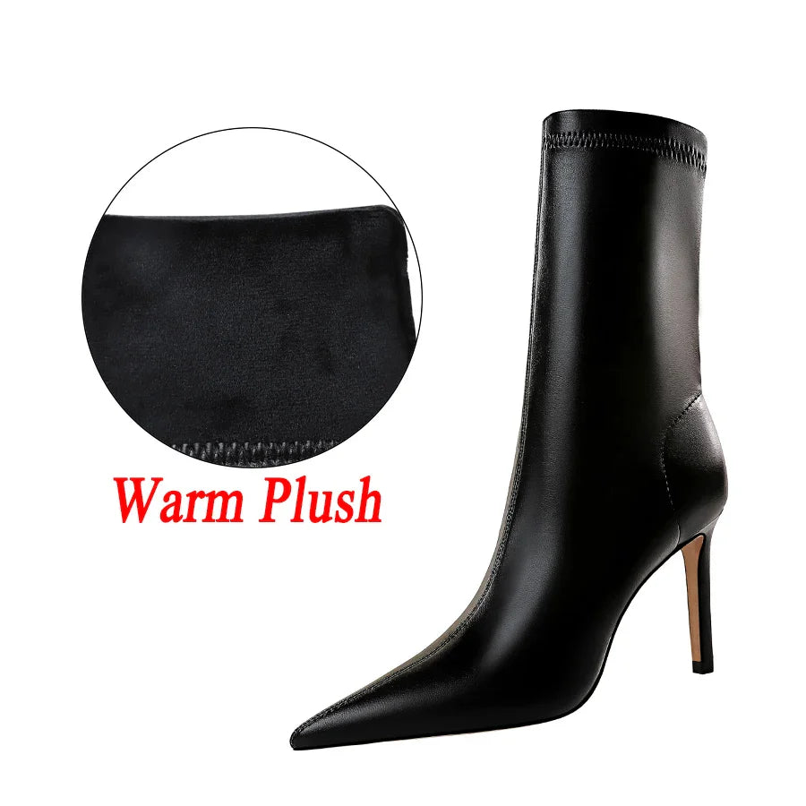 Women 7.5cm 10cm High Heels Leather Boots Lady Low Heels Short Ankle Boots Stripper Winter Warm Snow Plush Pointed Toe Shoes