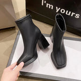 Women Ankle Boots Platform Square High Heel Ladies Short Boots Patent PU Leather Round Toe Women's Boots 2023 Shoes for Women