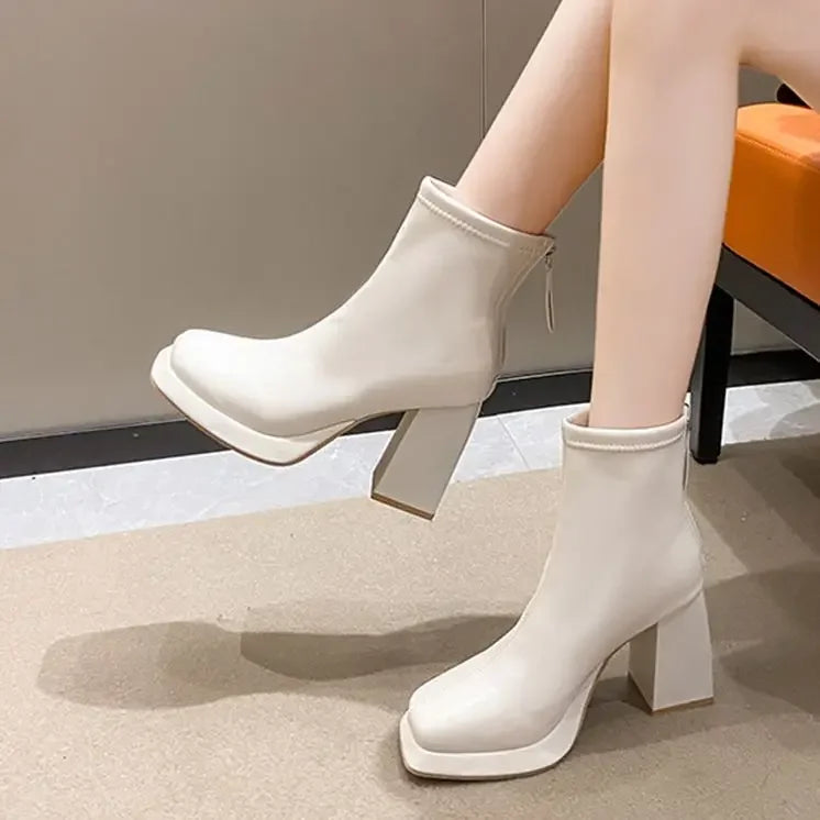 Women Ankle Boots Platform Square High Heel Ladies Short Boots Patent PU Leather Round Toe Women's Boots 2023 Shoes for Women