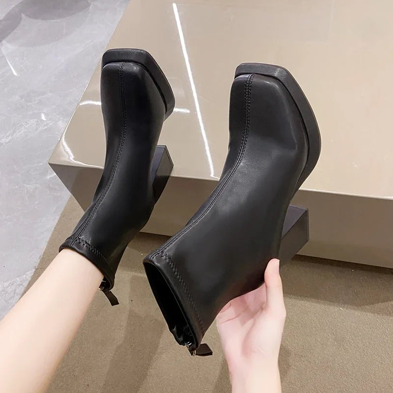 Women Ankle Boots Platform Square High Heel Ladies Short Boots Patent PU Leather Round Toe Women's Boots 2023 Shoes for Women