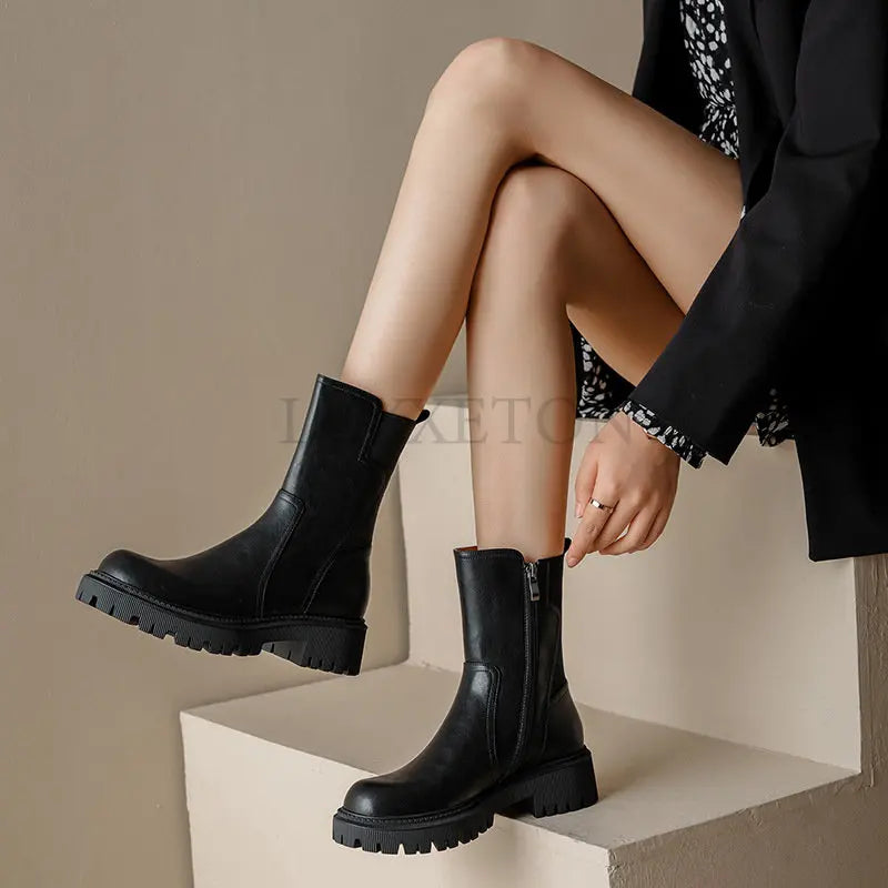 Women Ankle Boots Thick Heels Mature Fashion Concise Genuine Leather Shoes Woman Working Outdoor Casual New Luxury Brand Woman