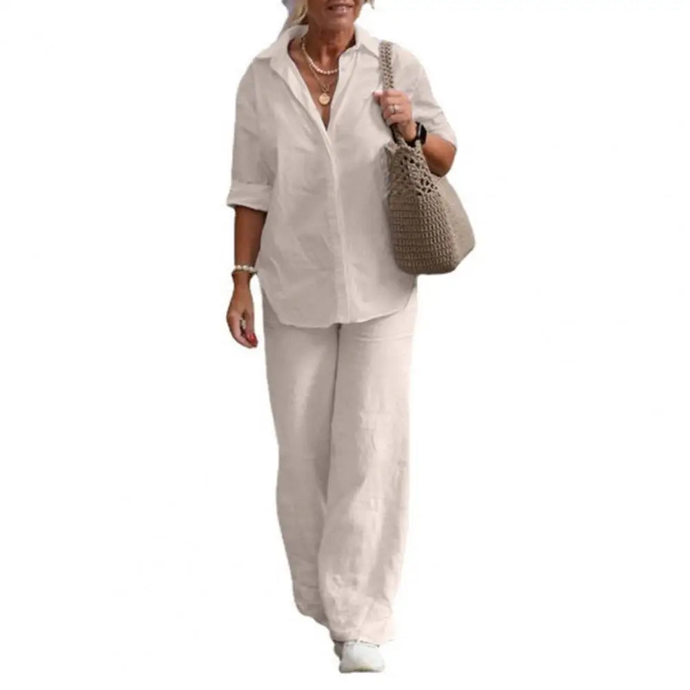 Women Autumn Linen Lapel Shirt Two Pieces Set Vintage Solid Long Sleeve Button Blouse and Loose Straight Pants Casual Suits
