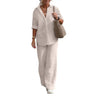 Women Autumn Linen Lapel Shirt Two Pieces Set Vintage Solid Long Sleeve Button Blouse and Loose Straight Pants Casual Suits