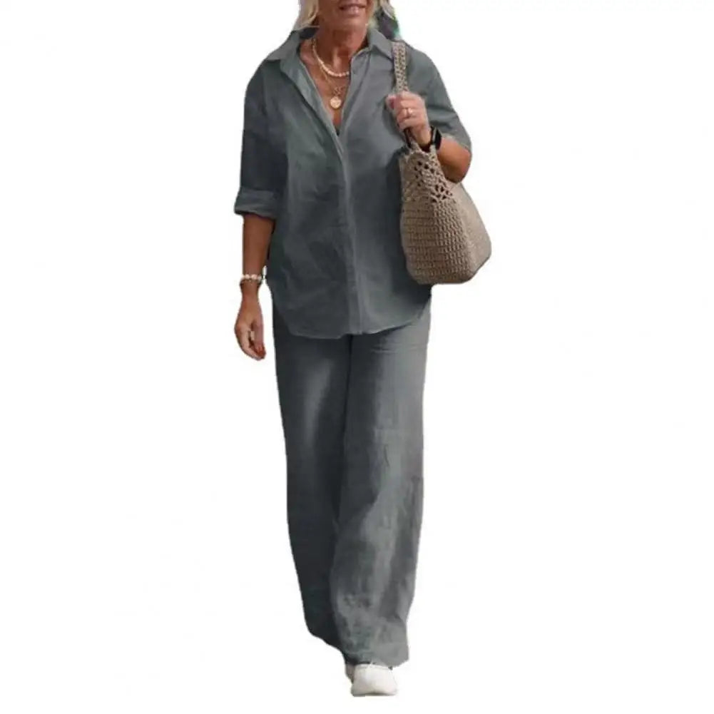 Women Autumn Linen Lapel Shirt Two Pieces Set Vintage Solid Long Sleeve Button Blouse and Loose Straight Pants Casual Suits