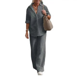 Women Autumn Linen Lapel Shirt Two Pieces Set Vintage Solid Long Sleeve Button Blouse and Loose Straight Pants Casual Suits