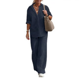Women Autumn Linen Lapel Shirt Two Pieces Set Vintage Solid Long Sleeve Button Blouse and Loose Straight Pants Casual Suits