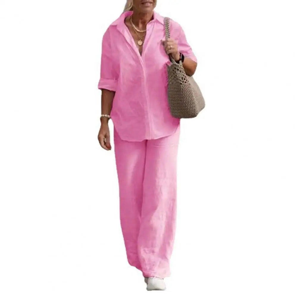 Women Autumn Linen Lapel Shirt Two Pieces Set Vintage Solid Long Sleeve Button Blouse and Loose Straight Pants Casual Suits