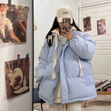 Women Blue Down Clothes Warm Fake Two Hooded Zipper Winter New Korean Fashion Leisure Windproof Puffer Padded Outwear Tops