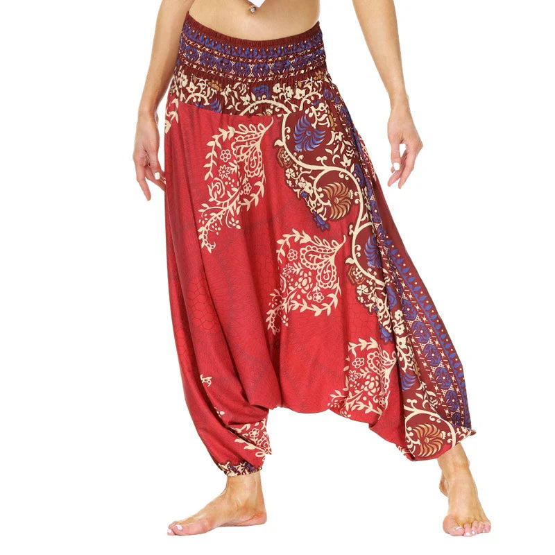 Women Causal Print Hippy Baggy Sari Wide Leg Pants Boho Beach Bloomers Bohemian Style Thailand Indian Sarees Loose Trousers