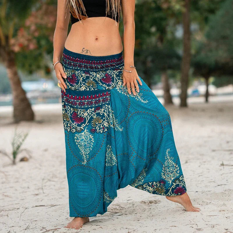 Women Causal Print Hippy Baggy Sari Wide Leg Pants Boho Beach Bloomers Bohemian Style Thailand Indian Sarees Loose Trousers