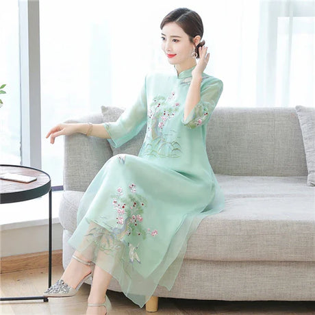 Women Cheongsam Improved Dress Retro Elegant Embroidery Long Dresses Floral Party Dress Chinese Female High Quality Clothing