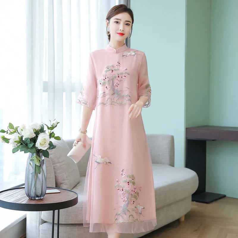 Women Cheongsam Improved Dress Retro Elegant Embroidery Long Dresses Floral Party Dress Chinese Female High Quality Clothing