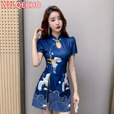 Women Chinese Style Retro Improved Temperament Printing Cheongsam Modern Dress Blue Chinese Qipao Dresses for Women