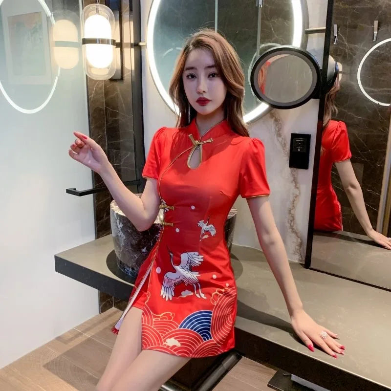 Women Chinese Style Retro Improved Temperament Printing Cheongsam Modern Dress Blue Chinese Qipao Dresses for Women