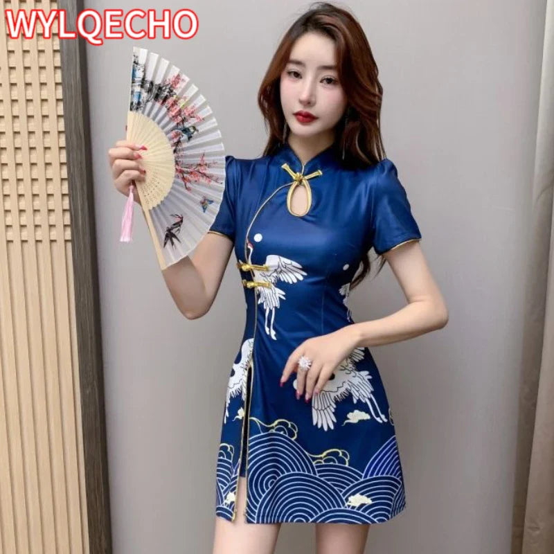 Women Chinese Style Retro Improved Temperament Printing Cheongsam Modern Dress Blue Chinese Qipao Dresses for Women