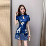 Women Chinese Style Retro Improved Temperament Printing Cheongsam Modern Dress Blue Chinese Qipao Dresses for Women