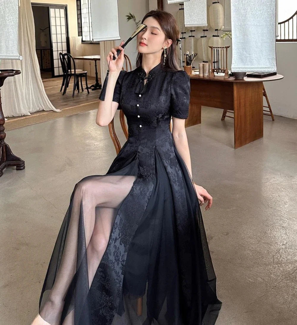 Women Fashionable New Cheongsam Black Advanced Mysterious Dress Qipao Improvement New Chinese Style Elegant Dress Summer