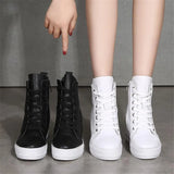 Women Genuine Leather 8cm Hidden Wedge Sneakers Platform Shoes High Heels Sneakers Woman Casual Shoes  White Women Trainer