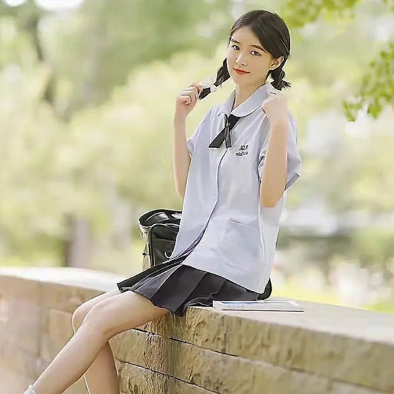 Women Girls JK Uniform Thai Style School Uniforms Seifuku Short Sleeve Embroidered Shirt Three-piece Set Pleated Skirt Student