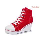 Women Hidden Wedge Invisible Heel Canvas Shoes Female Wedge Side Zipper Increased Casual High  Breathable Platform Sneakers