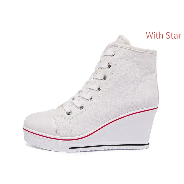 Women Hidden Wedge Invisible Heel Canvas Shoes Female Wedge Side Zipper Increased Casual High  Breathable Platform Sneakers