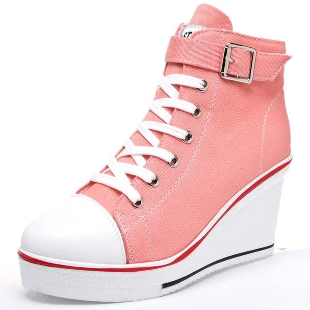 Women Hidden Wedge Invisible Heel Canvas Shoes Female Wedge Side Zipper Increased Casual High  Breathable Platform Sneakers