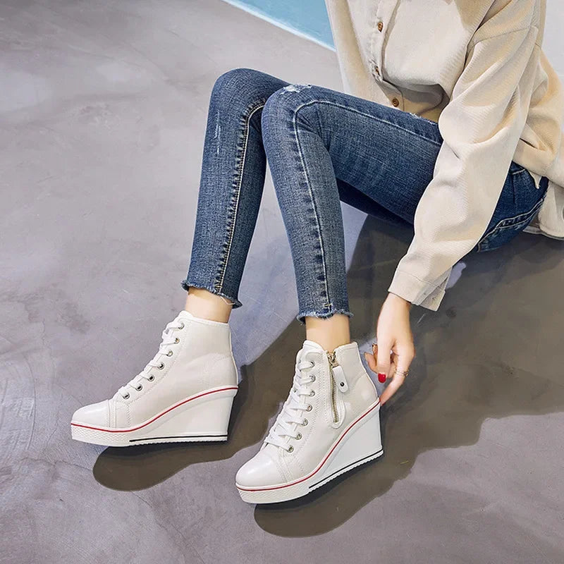 Women Hidden Wedge Invisible Heel Canvas Shoes Female Wedge Side Zipper Increased Casual High  Breathable Platform Sneakers