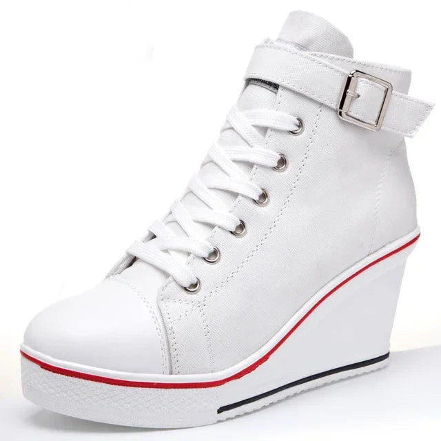 Women Hidden Wedge Invisible Heel Canvas Shoes Female Wedge Side Zipper Increased Casual High  Breathable Platform Sneakers