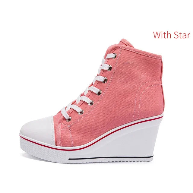 Women Hidden Wedge Invisible Heel Canvas Shoes Female Wedge Side Zipper Increased Casual High  Breathable Platform Sneakers