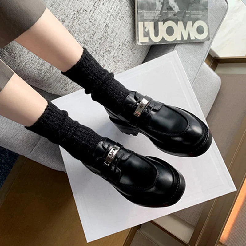 Women Leather Loafers Buckle Fashion Autumn Winter Warm Chunky Platform Oxford Shoes Female Short Boots Ladies Casual Polished