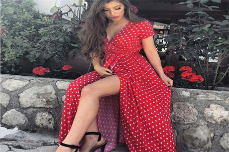 Women Long Plus Size Split Dress Polka dot Beach Dress Maxi Dress Female Evening Party Dress Floor-length Beach Hobo Sundress