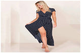 Women Long Plus Size Split Dress Polka dot Beach Dress Maxi Dress Female Evening Party Dress Floor-length Beach Hobo Sundress