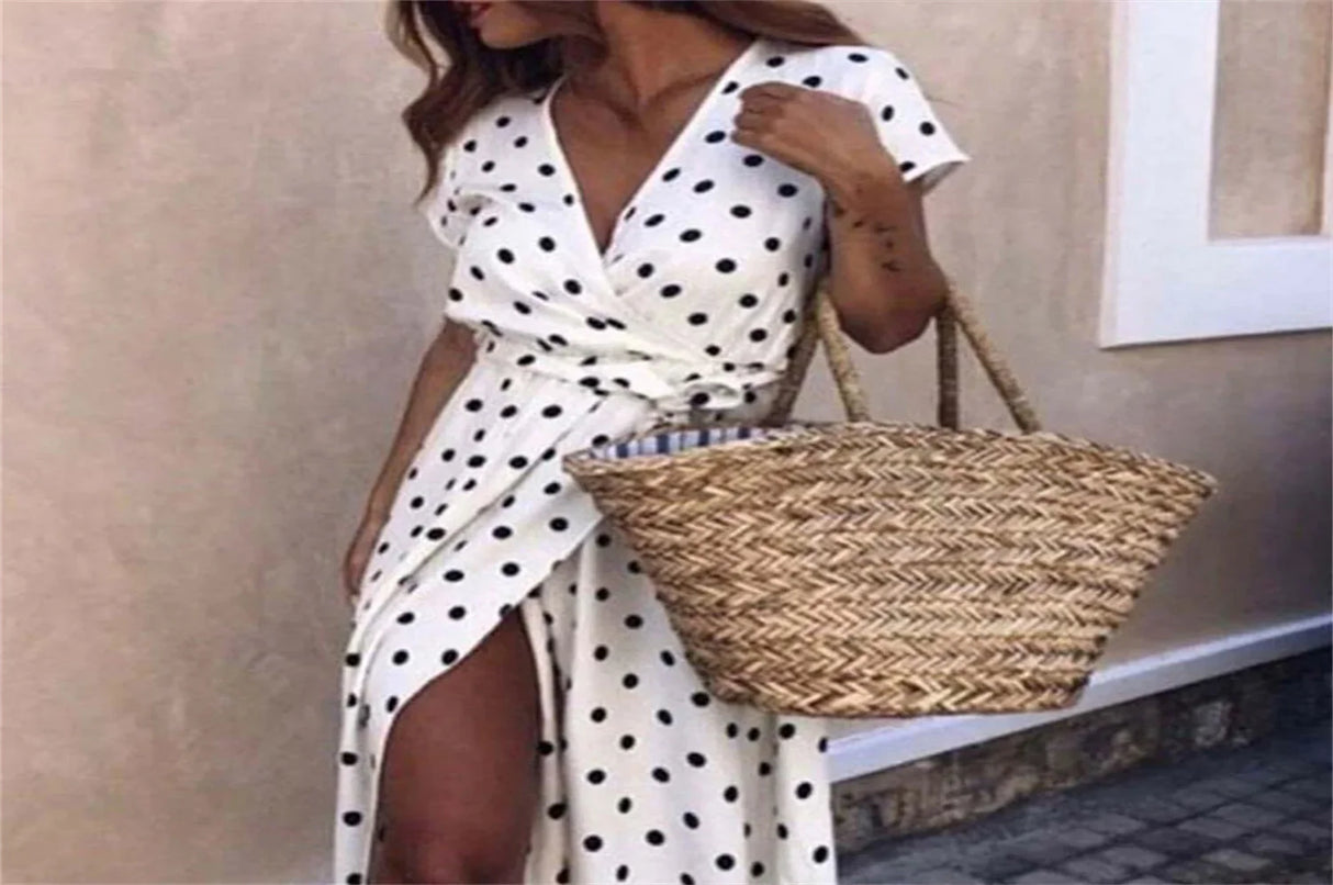 Women Long Plus Size Split Dress Polka dot Beach Dress Maxi Dress Female Evening Party Dress Floor-length Beach Hobo Sundress