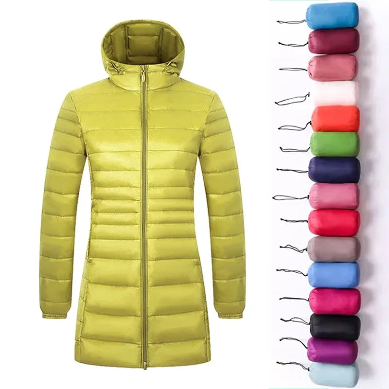 Women Long Warm Light Down Jacket Ladies Fashion Hooded with Portable Storage Bag Puffer Coats Women's Overcoats Hip-Length Coat