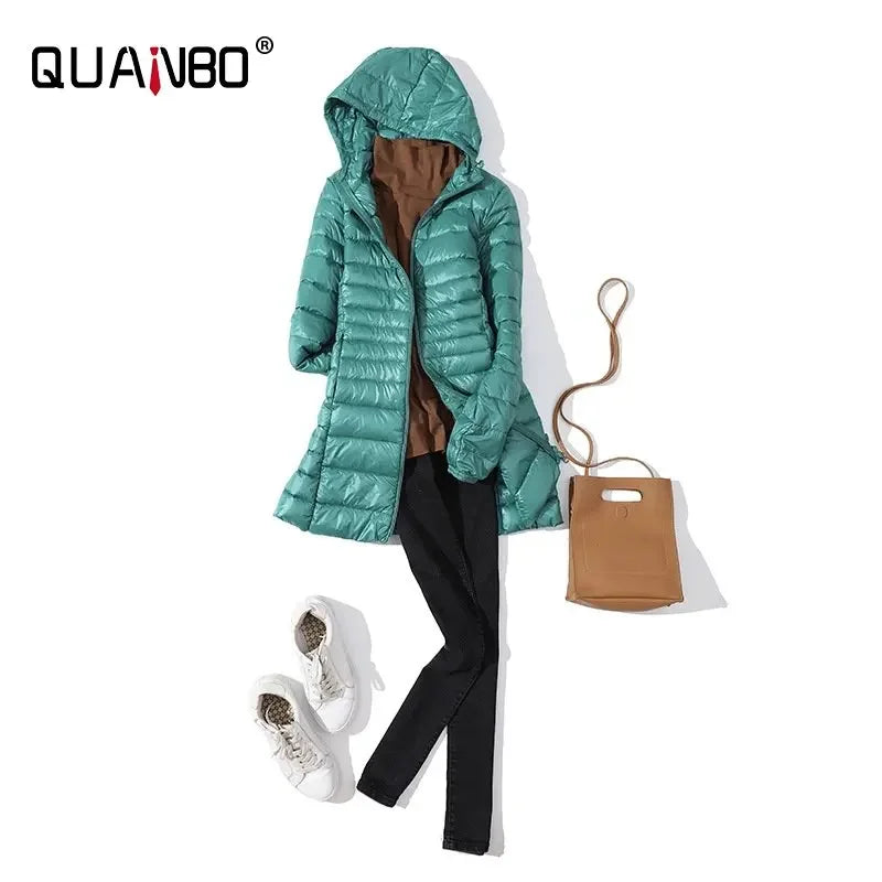 Women Long Warm Light Down Jacket Ladies Fashion Hooded with Portable Storage Bag Puffer Coats Women's Overcoats Hip-Length Coat