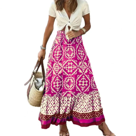 Women Maxi Skirt Vintage Lady Skirt Large Hem High Waist Patchwork Women Summer Skirt	Elastic Waist Lady Skirt Female Clothes