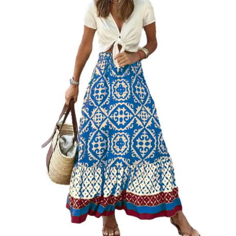Women Maxi Skirt Vintage Lady Skirt Large Hem High Waist Patchwork Women Summer Skirt	Elastic Waist Lady Skirt Female Clothes