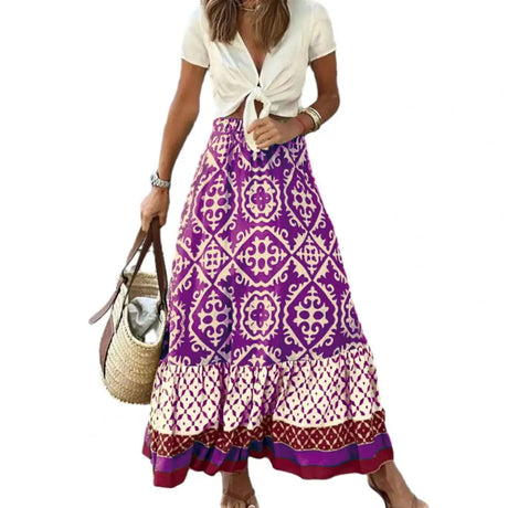 Women Maxi Skirt Vintage Lady Skirt Large Hem High Waist Patchwork Women Summer Skirt	Elastic Waist Lady Skirt Female Clothes