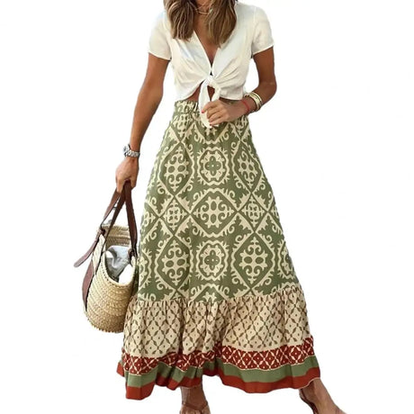 Women Maxi Skirt Vintage Lady Skirt Large Hem High Waist Patchwork Women Summer Skirt	Elastic Waist Lady Skirt Female Clothes