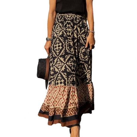 Women Maxi Skirt Vintage Lady Skirt Large Hem High Waist Patchwork Women Summer Skirt	Elastic Waist Lady Skirt Female Clothes
