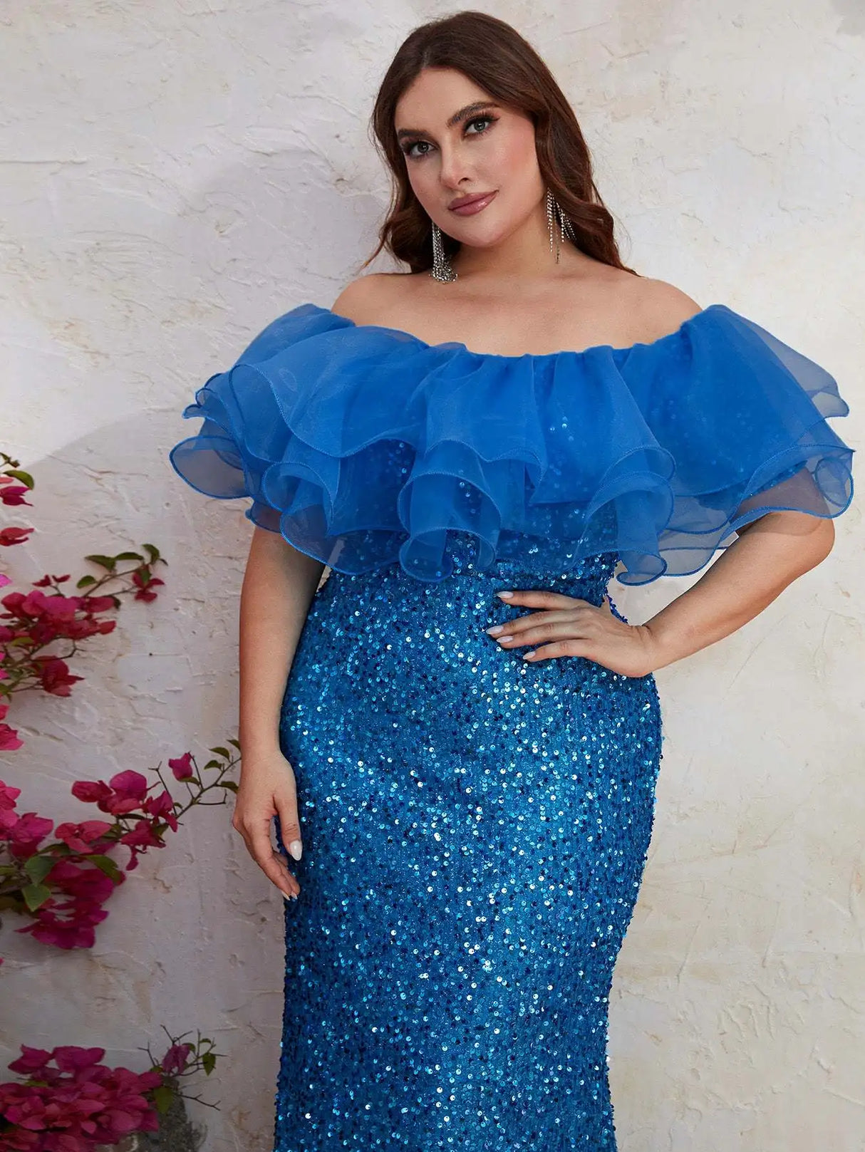 Women Party Dresses Plus Size Fashion Strapless Mesh Splicing Elegant Sequin Wedding Dresses Large Size Female Evening Dress