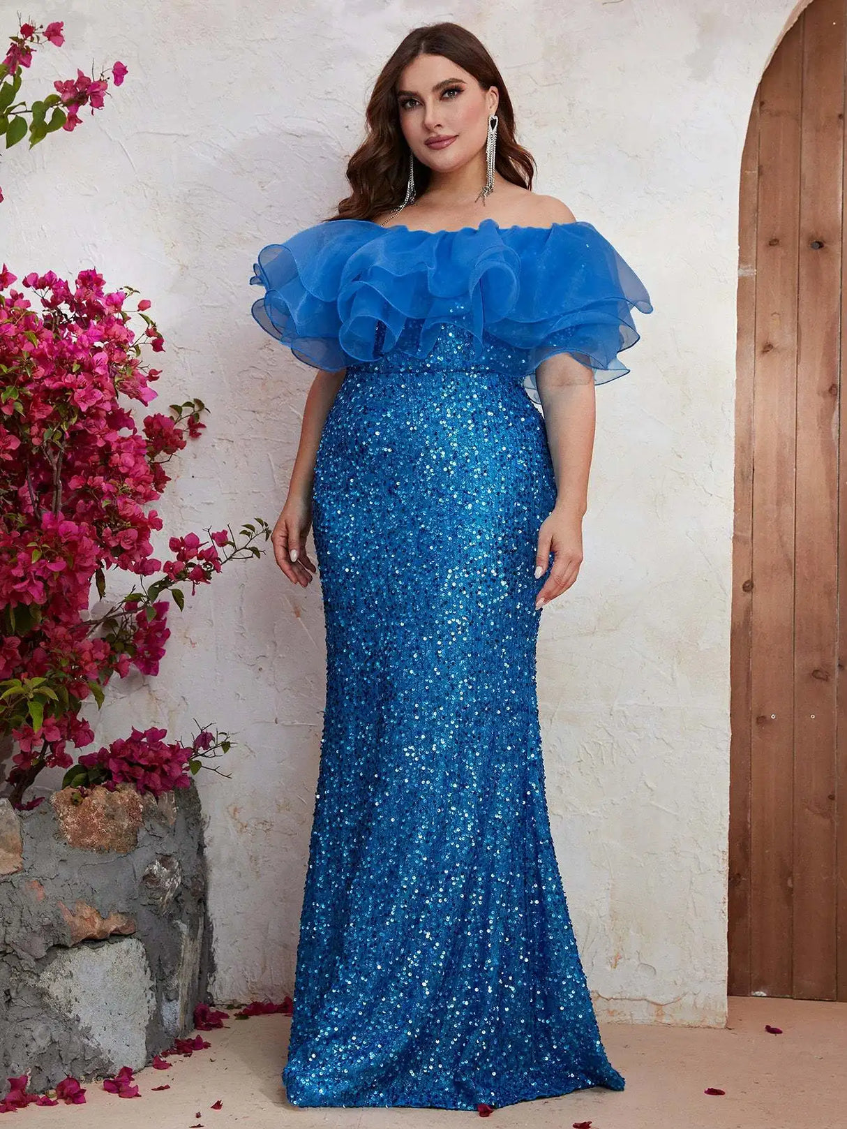 Women Party Dresses Plus Size Fashion Strapless Mesh Splicing Elegant Sequin Wedding Dresses Large Size Female Evening Dress