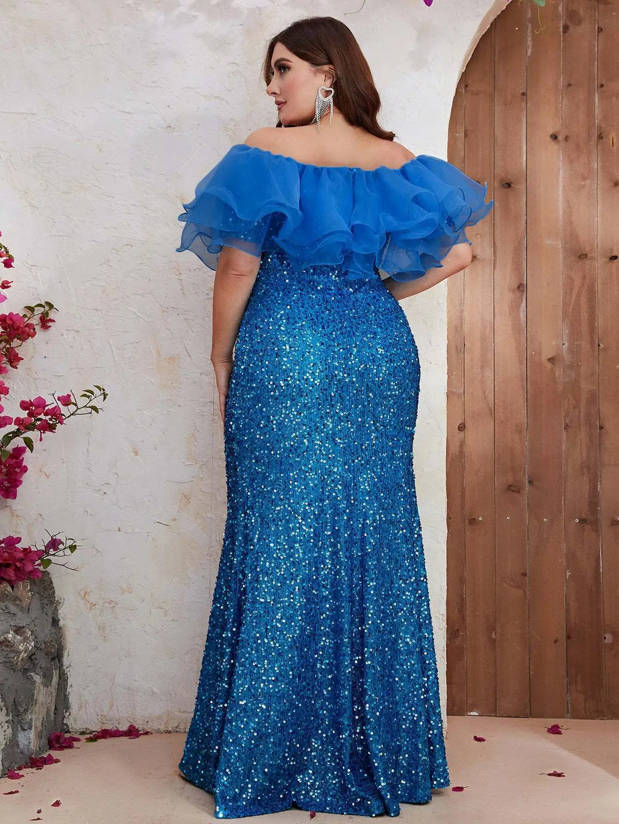 Women Party Dresses Plus Size Fashion Strapless Mesh Splicing Elegant Sequin Wedding Dresses Large Size Female Evening Dress