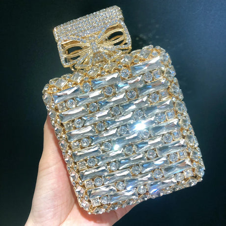 Women Perfume Bottle Gold/Orange Crystals Clutch Purse Evening Bags Bridal Rhinestones Purses Party Wedding Diamond Day Clutches