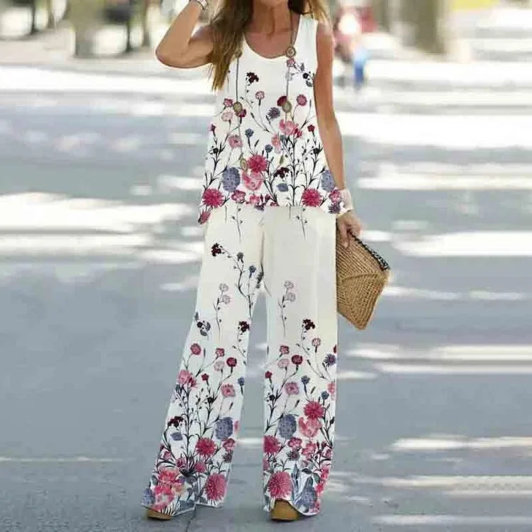 Women Print Suit Pullover Sleeveless Round Neck Top Wide Leg Pants Set Two Piece Set New Loose Casual Women's Clothing Summer