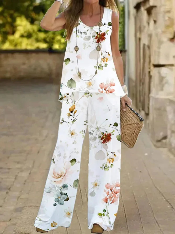 Women Print Suit Pullover Sleeveless Round Neck Top Wide Leg Pants Set Two Piece Set New Loose Casual Women's Clothing Summer