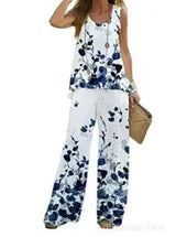 Women Print Suit Pullover Sleeveless Round Neck Top Wide Leg Pants Set Two Piece Set New Loose Casual Women's Clothing Summer